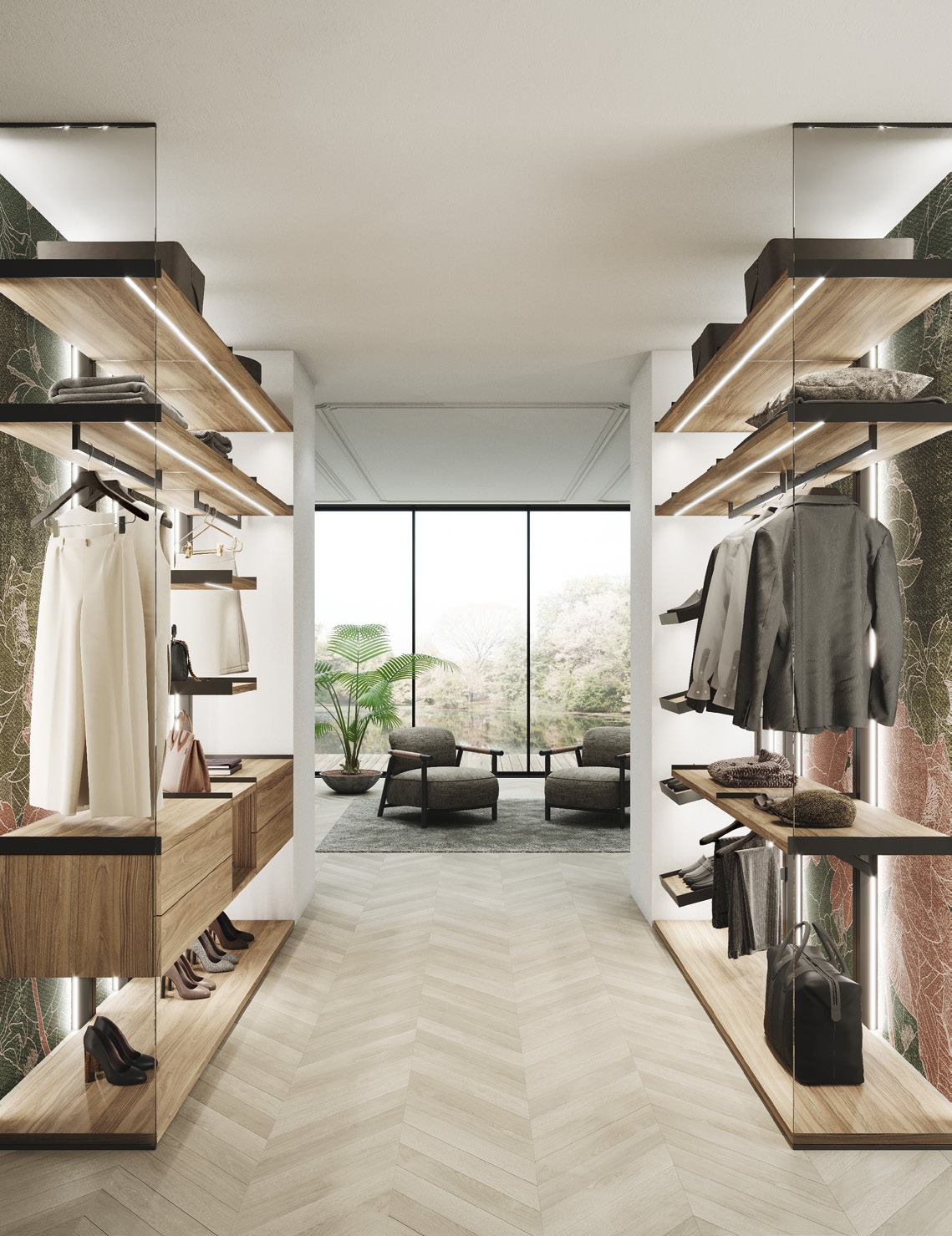 GF Interiors Evidence — Evidence walk-in with a black LED pole and shelving in Noce NT.