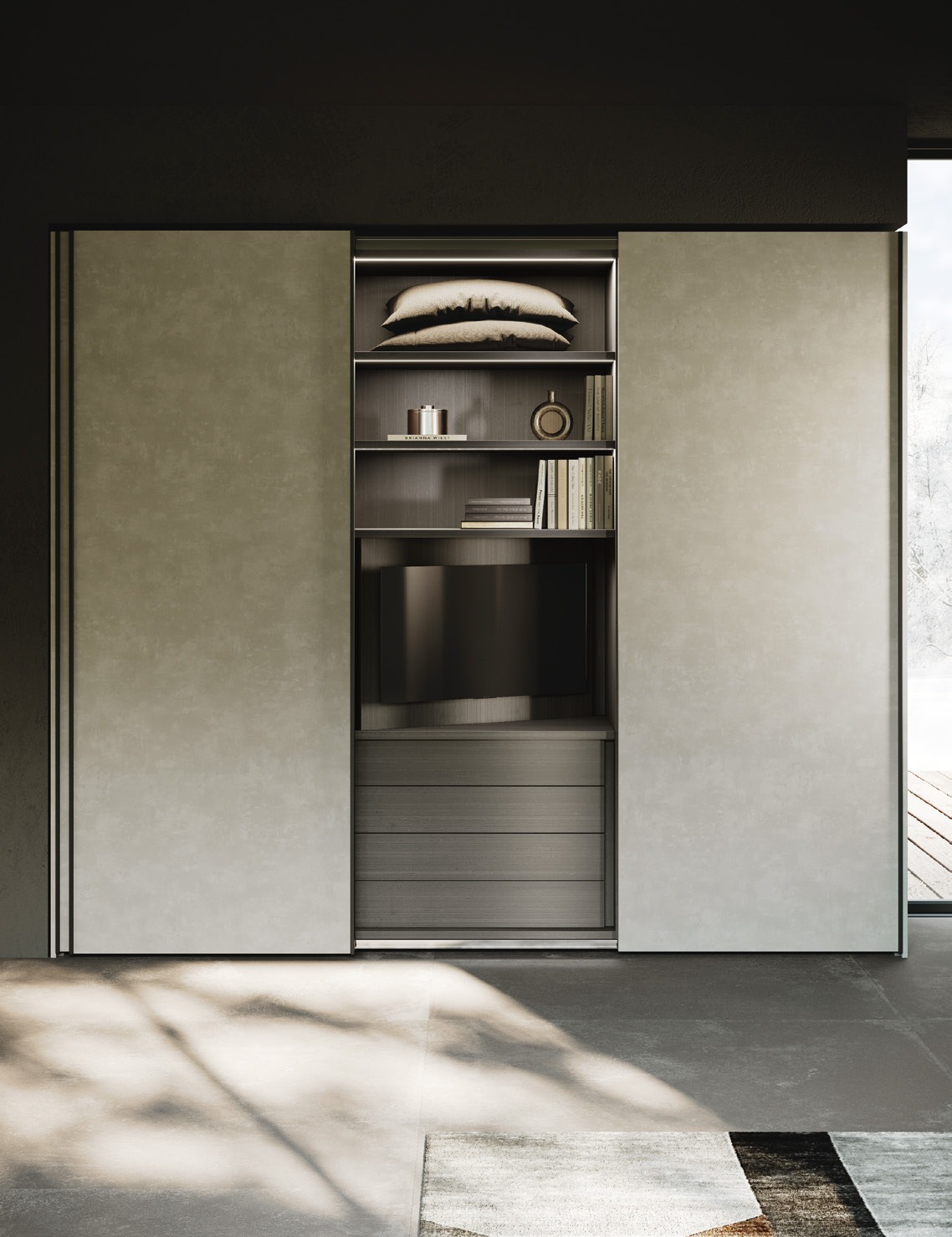 GF Interiors Flat-S — Flat-S cabinet with Beton VS sliding doors and the Reflections handle.