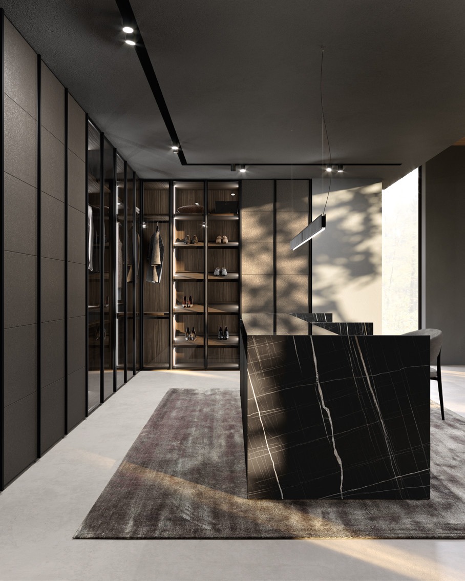 GF Interiors Shine — Shine — το telaio φιλοξενεί γυαλί, eco-pelle και λάκα.
