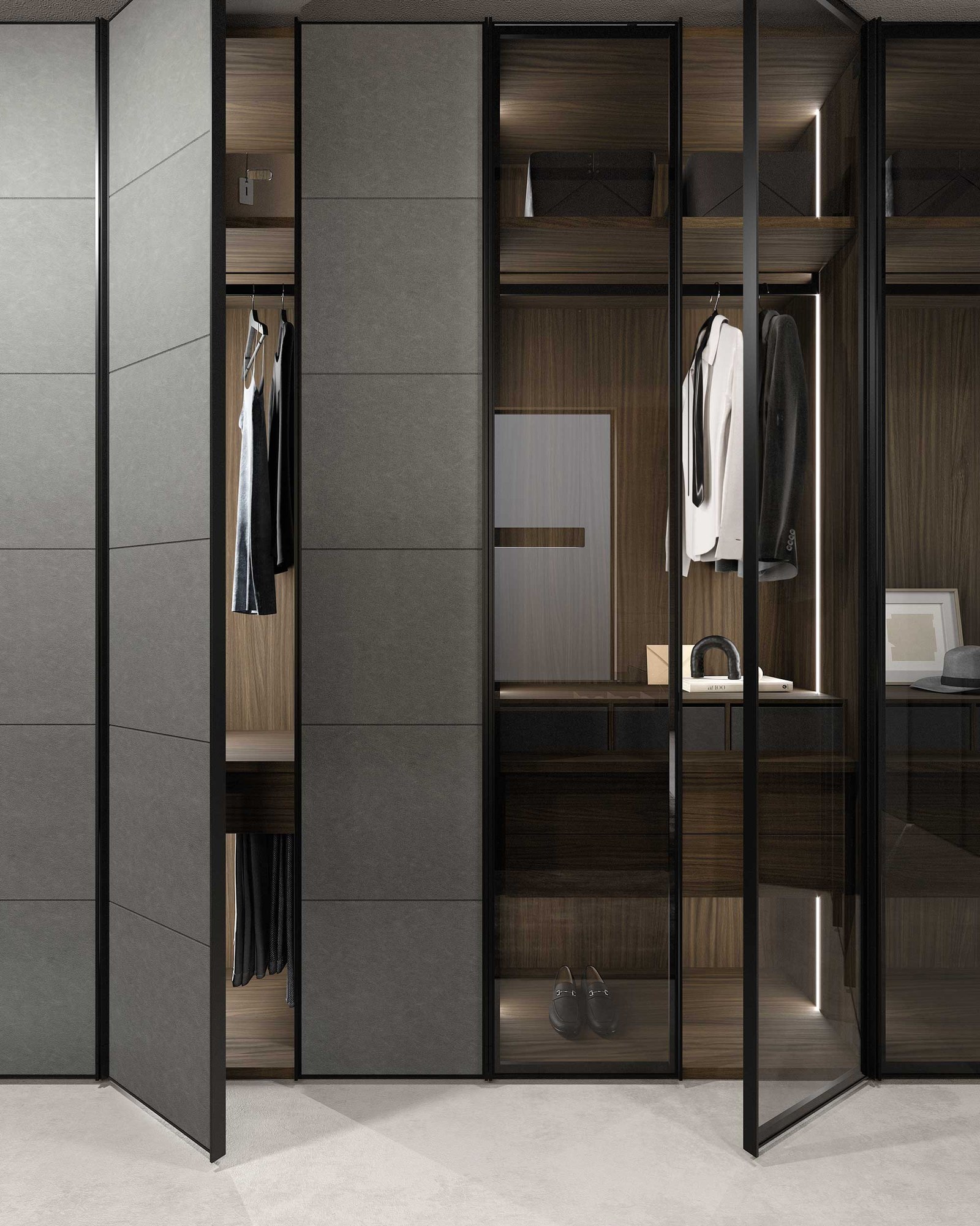 GF Interiors Shine — Λεπτομέρεια Shine με γυάλινες πόρτες και εσωτερικό φωτισμό.