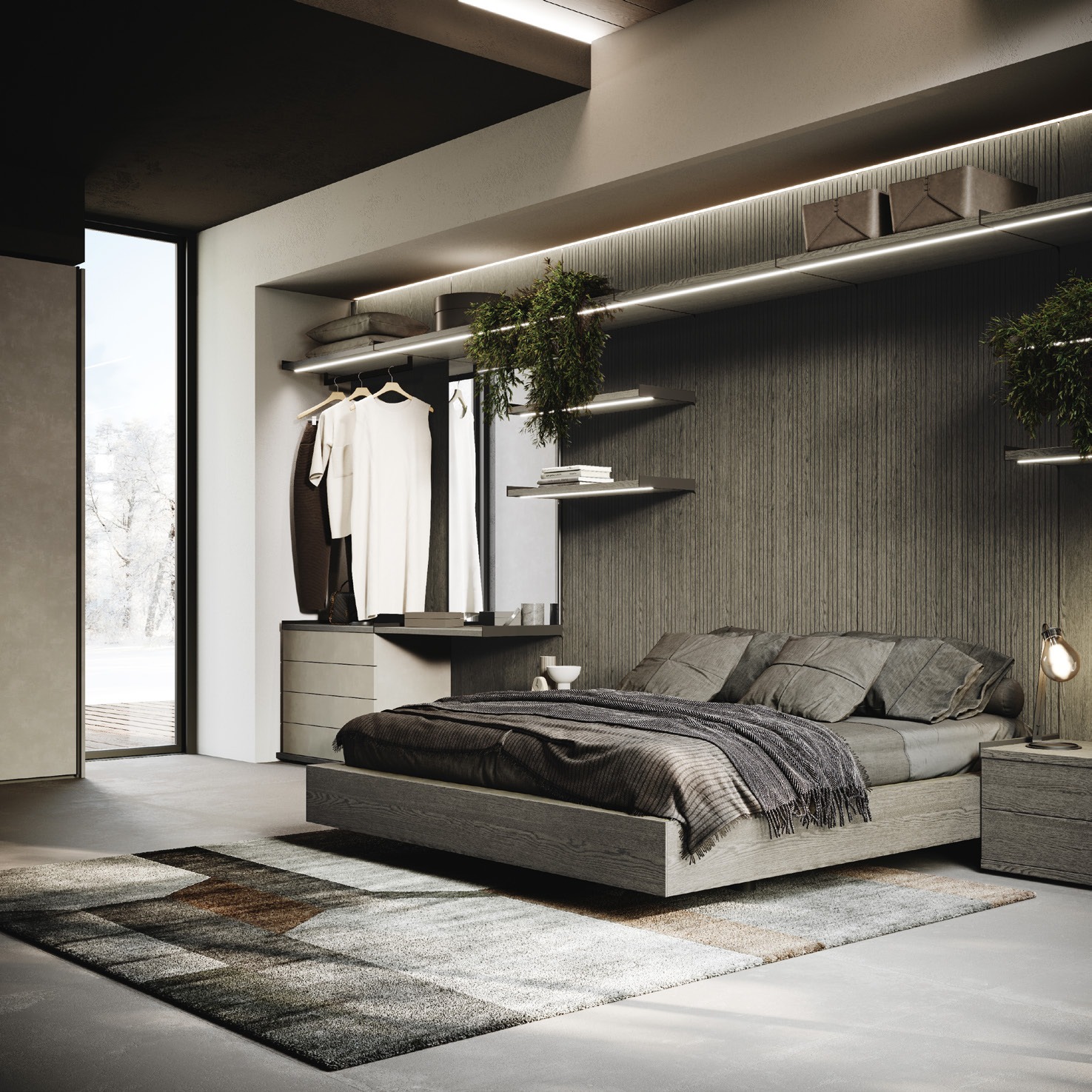 GF Interiors Walking — Walking πλήρως ενταγμένη στο υπνοδωμάτιο με ζώνη vanity.