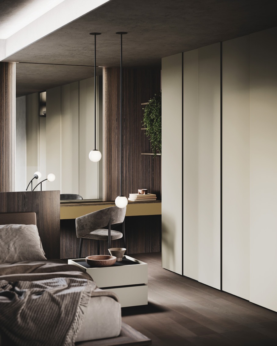 GF Interiors Wave — Wave vanity zone in Bronzo lacquer with Rovere TC boiserie.