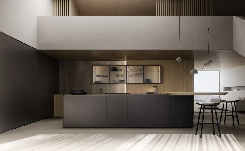 Long Pedini Arkè island in dark matt, handleless, with seating at the end