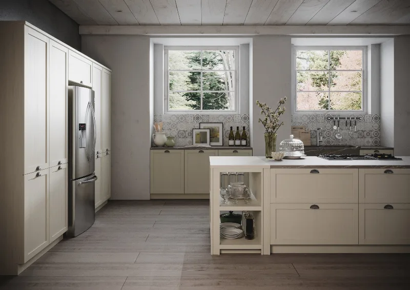 Scandola M09 island in cream lacquer with gas hob and open storage at the side, in front of two windows