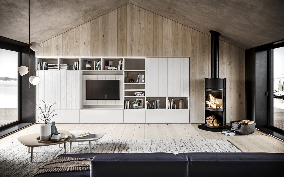 Scandola Mobili M05 – Parete in nicchia — Living Area & Wood Stove