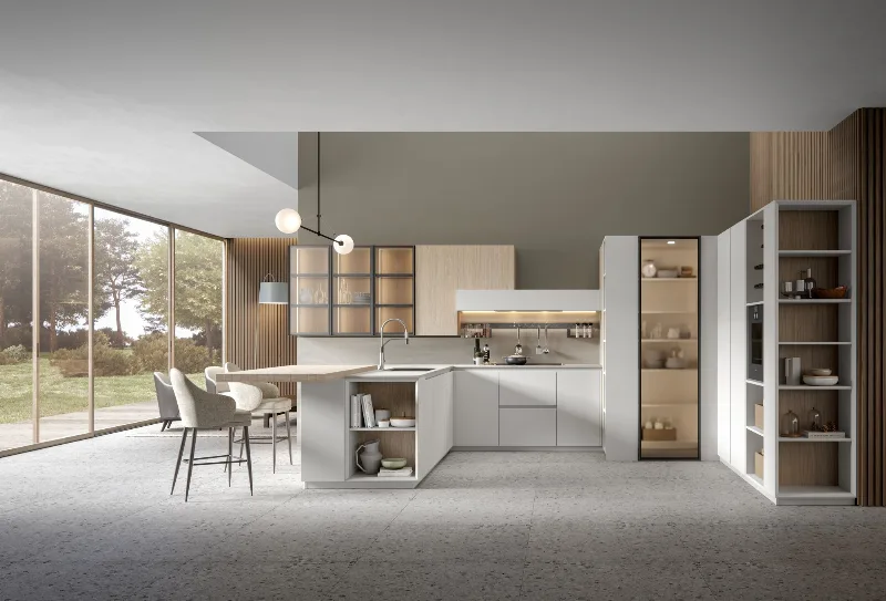 White L-shaped Scandola E02 peninsula with snack worktop at the end and large glazing