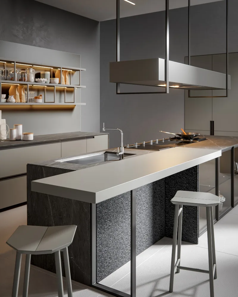 Scandola E03 island with dark stone worktop and a second white level for breakfast, with two stools