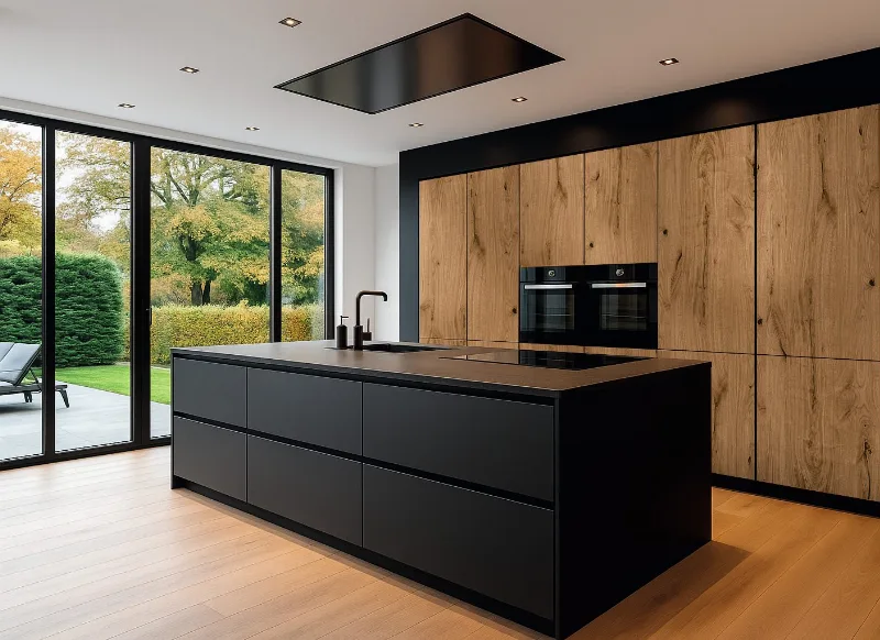 Black Scandola Magis Wild island with row of drawers and hob, in front of tall oak units
